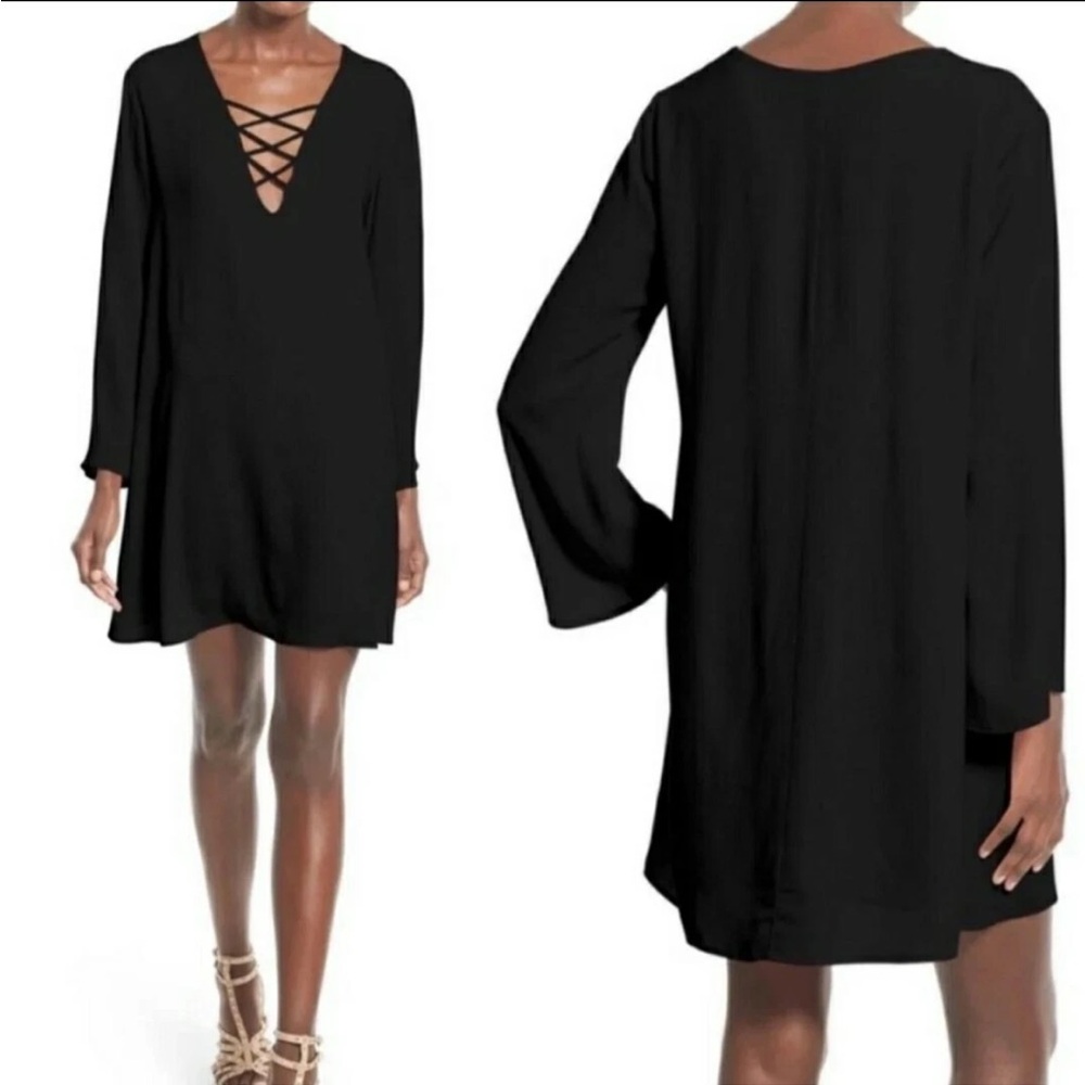 ASTR Black Crepe Lace Front Bell Sleeve Dress Tunic, Size Large, NWT